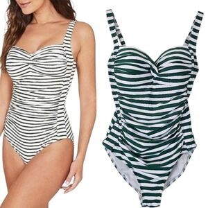 Nip Tuck Green White Stripe One Piece Swimsuit Size 6 Tummy Control Ruched
